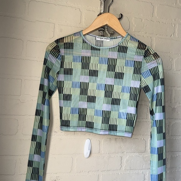 Riley Hubatka x Peppermayo shirt Stylish Green Checkered cropped sz 0 - Picture 3 of 4